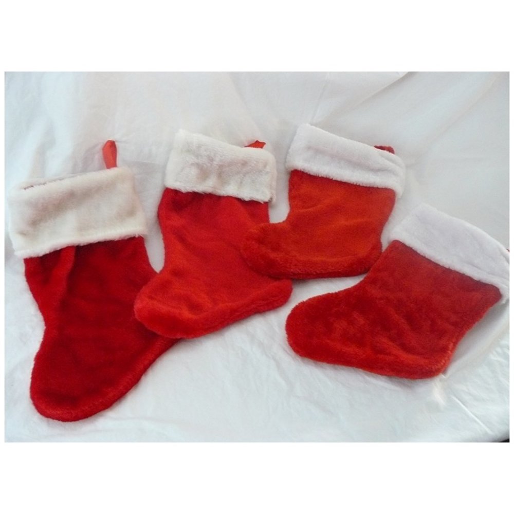 4 Santa Traditional Red Soft Plush Christmas Stockings w White Faux Fur Trim